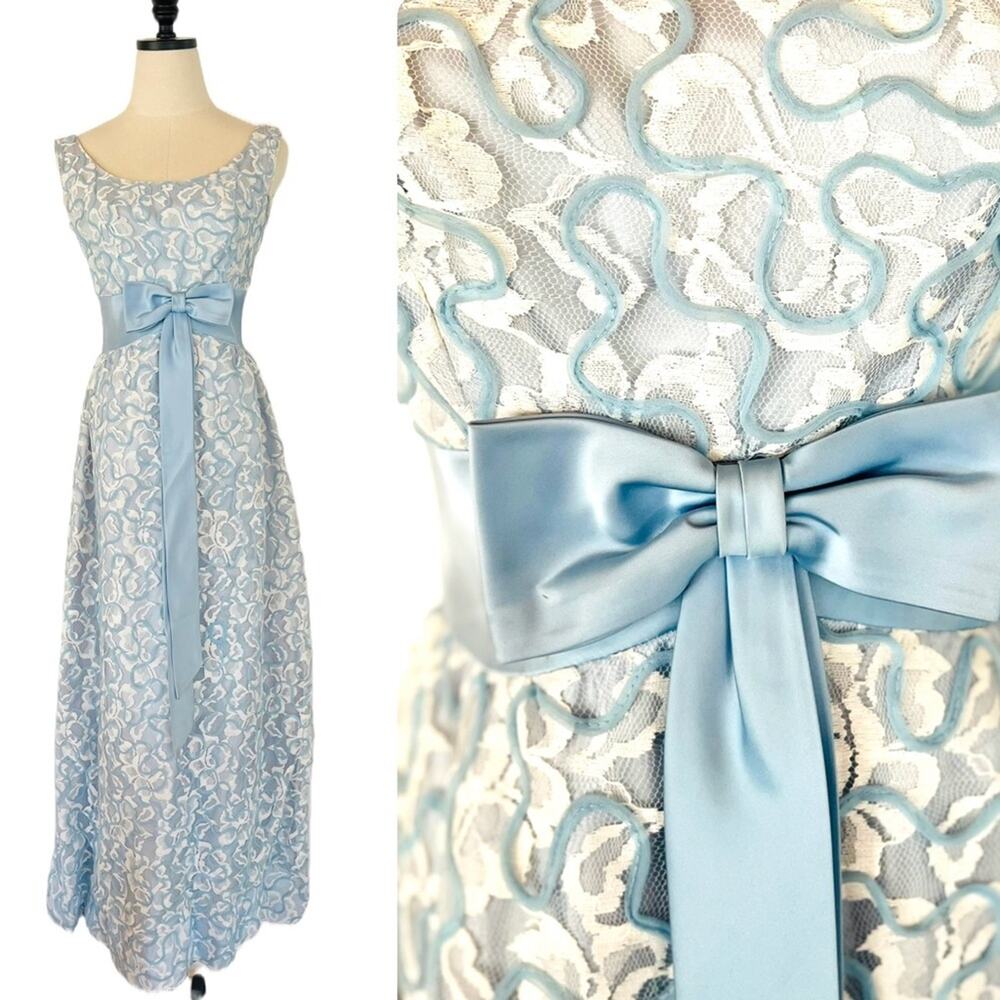 Vintage Blue and White Lace Gown with Satin Bow Small Unusual Pattern Applique